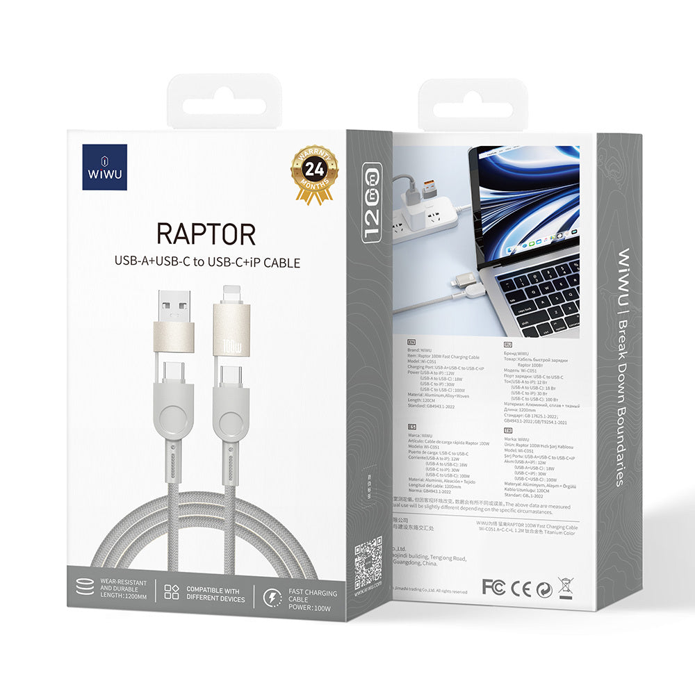 Wiwu 4in1 Raptor Serisi Çoklu USB-A + Type-C to Type-C + Lightning Şarj ve Data Kablosu 100W 120cm Wiwu 4in1 Raptor Serisi Çoklu USB-A + Type-C to Type-C + Lightning Şarj ve Data Kablosu 100W 120cm